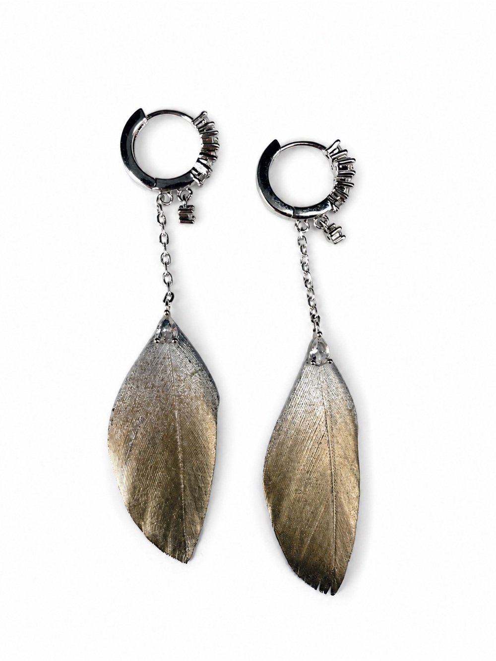 Two-Tone Silver Hoop Earrings with Gold Feather Drops